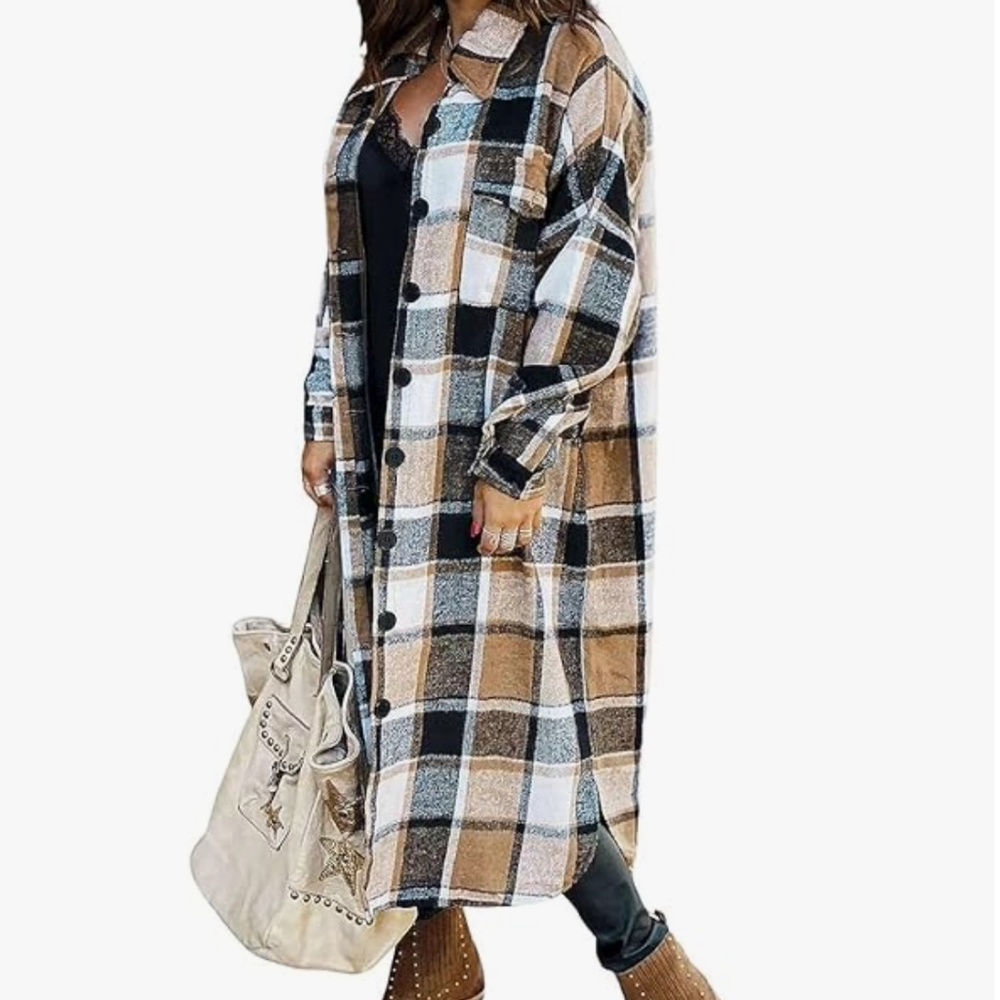 Long Plaid Shirts Shacket Jacket Button Down Long Sleeve Woolen Blend Shirts